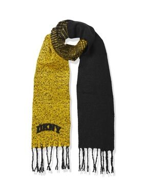 DKNY Two-Tone Yellow and Black Knit Scarf with Fringe and Embroidered logo - 88”